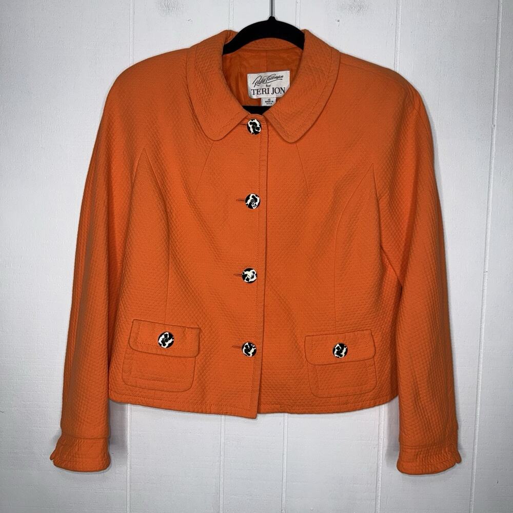 Teri Jon Rickie Freeman Vintage Women’s Textured Jacket Orange Cow Buttons 12